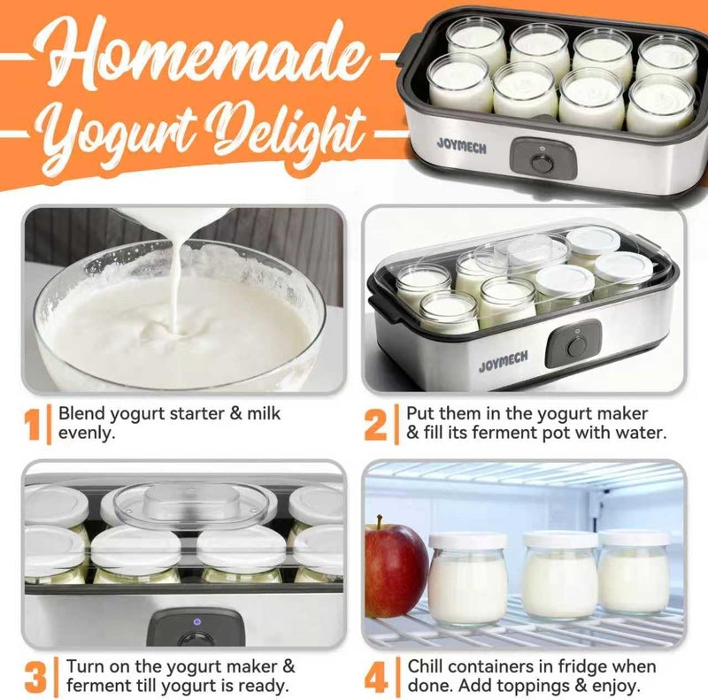 JoyMech Yogurt Maker Machine, 8 Glass Jars with Lids Reusable for Yoghurt, Oatmeal, Pudding, or Jello, Food-Grade Martial, One-touch Control, Homemade Yogurt - Image 3